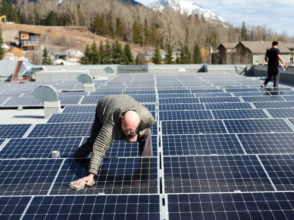 Fernie Fox Hotel solar array being cleaned.